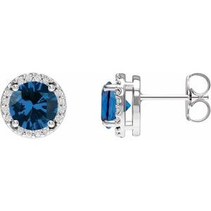 14K White Lab-Grown Blue Sapphire & 1/10 CTW Natural Diamond Halo-Style Earrings