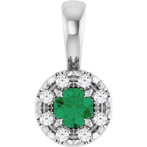 14K White 3 mm Lab-Grown Emerald & .03 CTW Natural Diamond Halo-Style Pendant