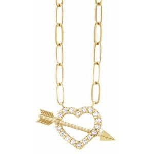 14K Yellow 1/8 CTW Natural Diamond Heart & Arrow 16" Necklace 