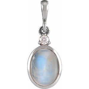 Sterling Silver 5x3 mm Natural Rainbow Moonstone & .02 CT Natural Diamond Cabochon Pendant