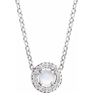 Platinum Cabochon Natural Rainbow Moonstone & .06 CTW Natural Diamond Halo-Style 16-18" Necklace