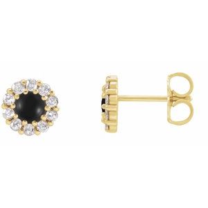14K Yellow 4 mm Cabochon Natural Black Onyx & 1/5 CTW Natural Diamond Halo-Style Earrings