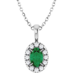 14K White 6x4 mm Natural Emerald & 1/10 CTW Natural Diamond 16-18" Necklace  