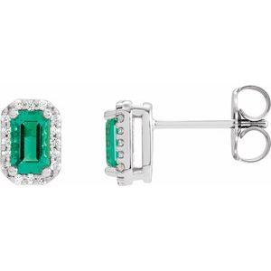 14K White Lab-Grown Emerald & .07 CTW Natural Diamond Halo-Style Earrings