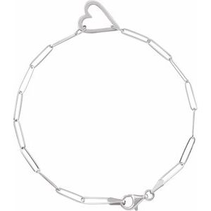 14K White Heart & Paperclip-Style Chain 7" Bracelet