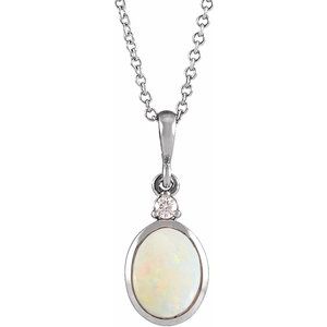 Sterling Silver 9x7 mm Natural White Opal & .03 CT Natural Diamond 16-18" Necklace 