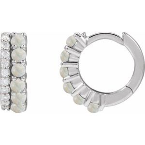 14K White Natural White Opal & 1/8 CTW Natural Diamond Huggie Hoop Earrings