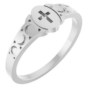 14K White Oval Youth Cross Signet Ring