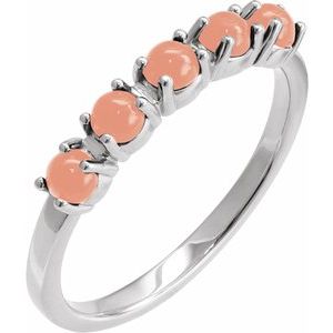14K White Natural Pink Coral Cabochon Stackable Ring