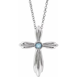 Platinum Natural Aquamarine Cross 16-18" Necklace