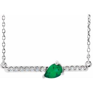 14K White Natural Emerald & 1/10 CTW Natural Diamond 16" Necklace