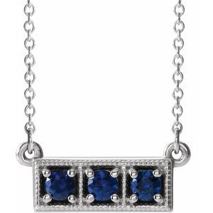 14K White Natural Blue Sapphire Three-Stone Bar 16-18" Necklace
