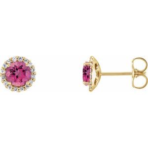 14K Yellow 4 mm Natural Pink Tourmaline & 1/10 CTW Natural Diamond Earrings