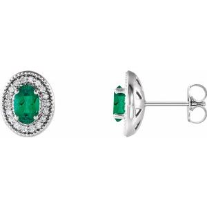 14K White 7x5 mm Lab-Grown Emerald & 1/6 CTW Natural Diamond Halo-Style Earrings