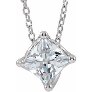 Sterling Silver 5x5 mm Square Natural White Sapphire Solitaire 16-18" Necklace
