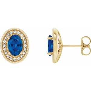 14K Yellow 7x5 mm Natural Blue Sapphire & 1/6 CTW Natural Diamond Halo-Style Earrings