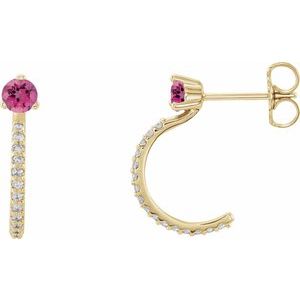 14K Yellow Natural Pink Tourmaline & 1/8 CTW Natural Diamond J-Hoop Earrings