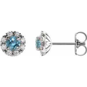 Platinum 6 mm Natural Blue Zircon & 1/3 CTW Natural Diamond Halo-Style Earrings