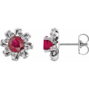 14K White Natural Ruby & 1/6 CTW Natural Diamond Halo-Style Earrings