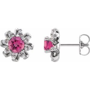 14K White Natural Pink Tourmaline & 1/6 CTW Natural Diamond Halo-Style Earrings