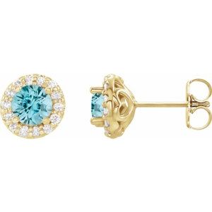 14K Yellow 5 mm Natural Blue Zircon & 1/4 CTW Natural Diamond Earrings