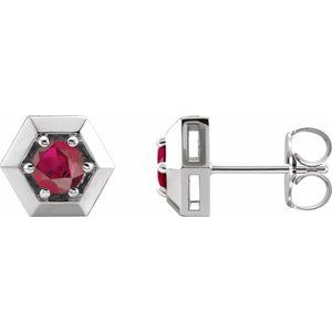 14K White Lab-Grown Ruby Geometric Earrings