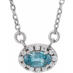 Platinum 7x5 mm Natural Blue Zircon & 1/6 CTW Natural Diamond 18" Necklace