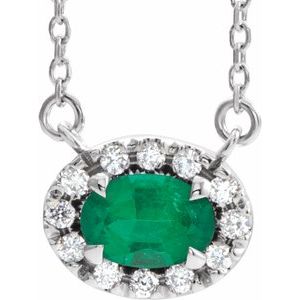 Platinum 6x4 mm Natural Emerald & 1/10 CTW Natural Diamond 18" Necklace