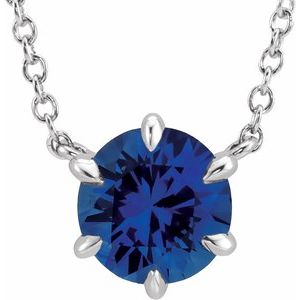 14K White Lab-Grown Blue Sapphire Solitaire 16" Necklace 