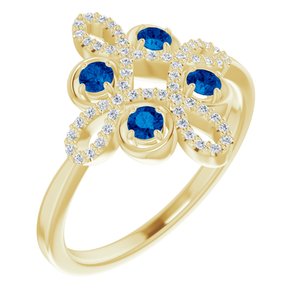 14K Yellow Natural Blue Sapphire & 1/8 CTW Natural Diamond Semi-Set Clover Ring