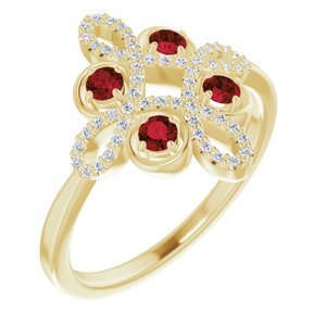14K Yellow Natural Mozambique Garnet & 1/8 CTW Natural Diamond Semi-Set Clover Ring