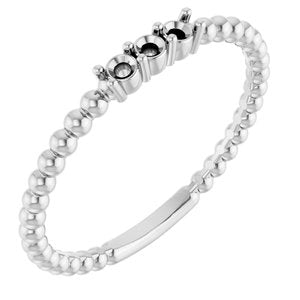 14K White 2 mm Round Three-Stone Beaded Ring