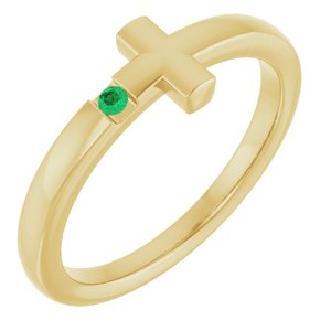 14K Yellow Lab-Grown Emerald Youth Sideways Cross Ring