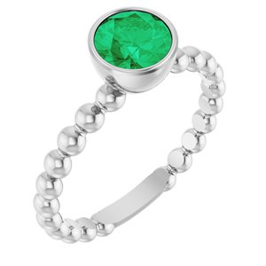 14K White Natural Emerald Family Beaded Stackable Ring