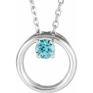 14K White Natural Blue Zircon Circle 16-18" Necklace