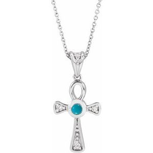 14K White Natural Turquoise & .04 CTW Natural Diamond Ankh Cross 16-18' Necklace