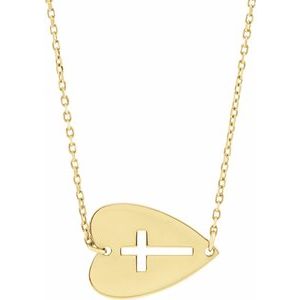 14K Yellow Sideways Heart with Pierced Cross 18" Necklace