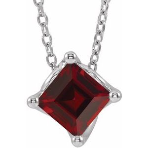 14K White 5x5 mm Square Natural Mozambique Garnet Solitaire 16-18" Necklace
