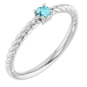 14K White 3 mm Natural Blue Zircon Solitaire Rope Ring