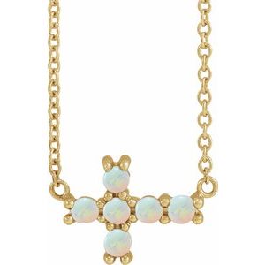 14K Yellow Natural White Opal Sideways Cross 18" Necklace