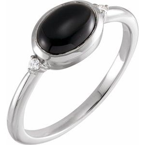 14K White10x8 mm Round Natural Black Onyx & .03 CTW Natural Diamond Ring