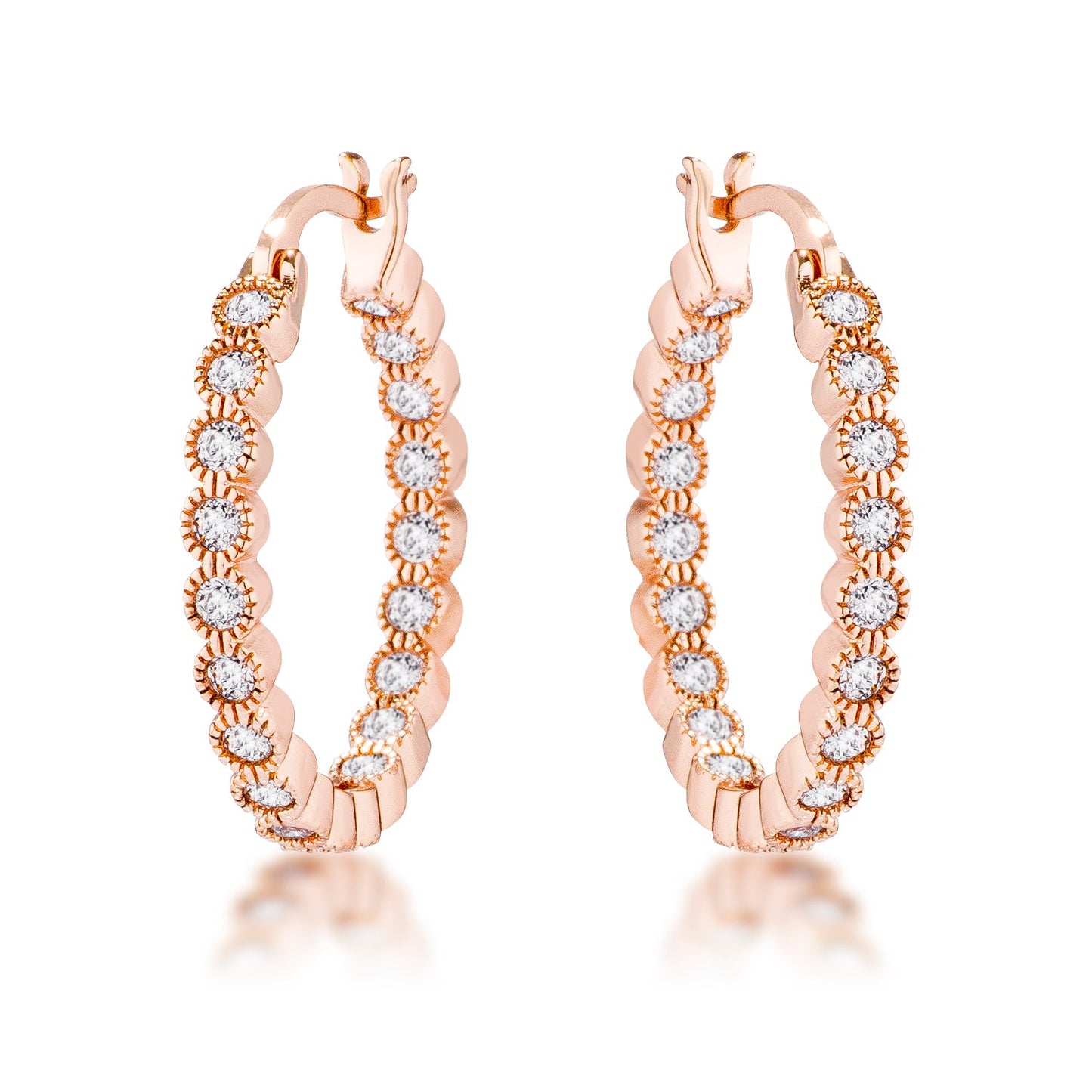 Rose Gold Plated Dotted Clear CZ Round Bezel Hoop Earrings