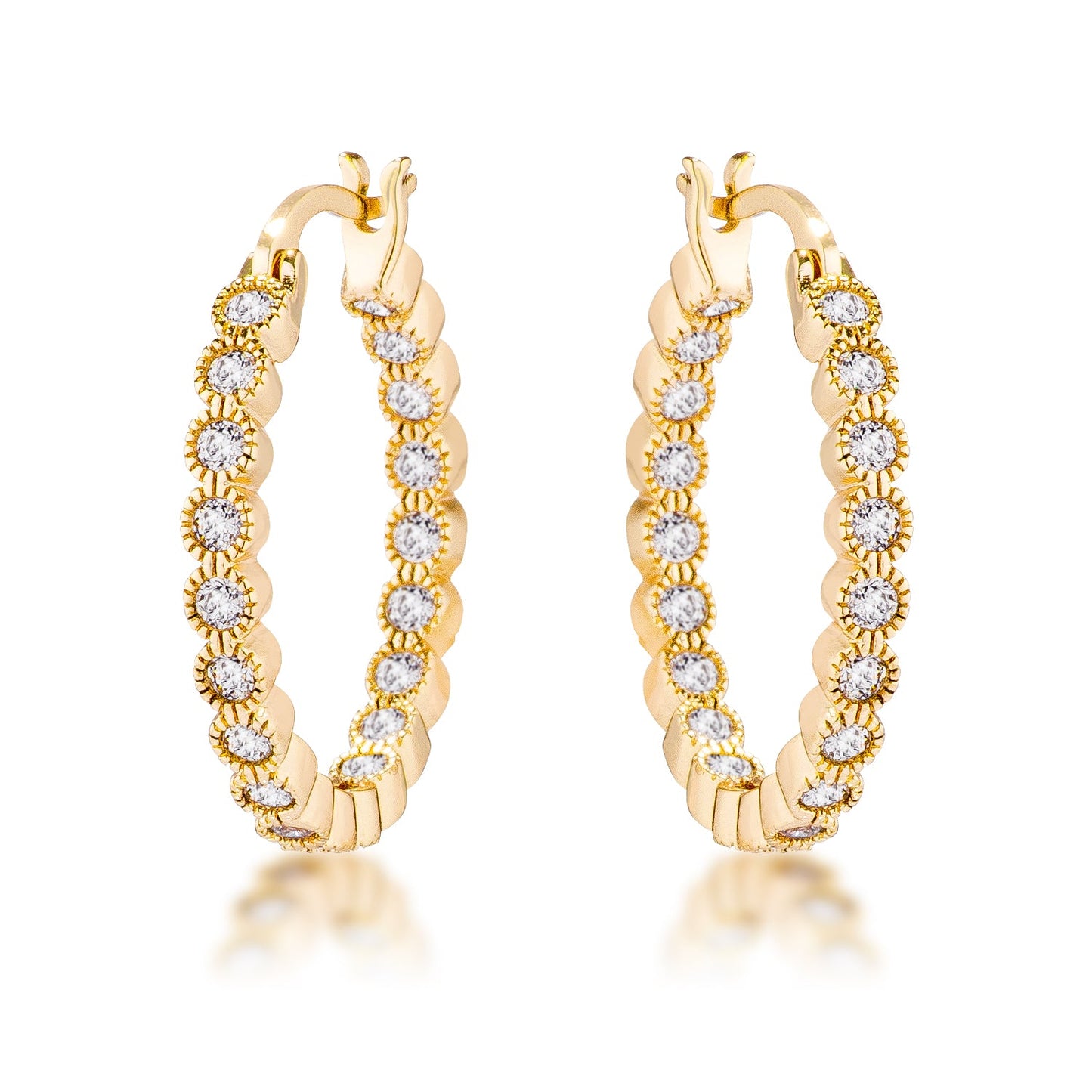 Gold Plated Dotted Clear CZ Round Bezel Hoop Earrings