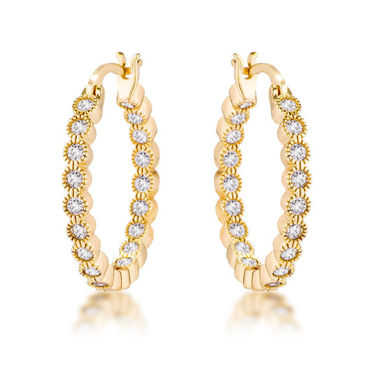 Gold Plated Dotted Clear CZ Round Bezel Hoop Earrings