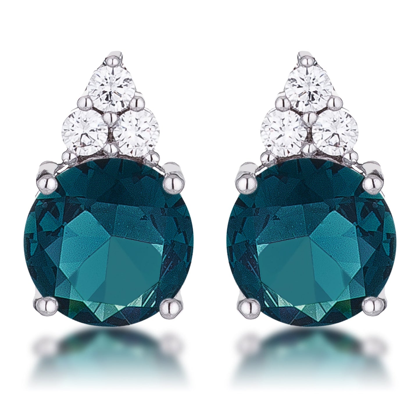 Simple Rhodium Plated 9mm Blue Green CZ Stud Earring