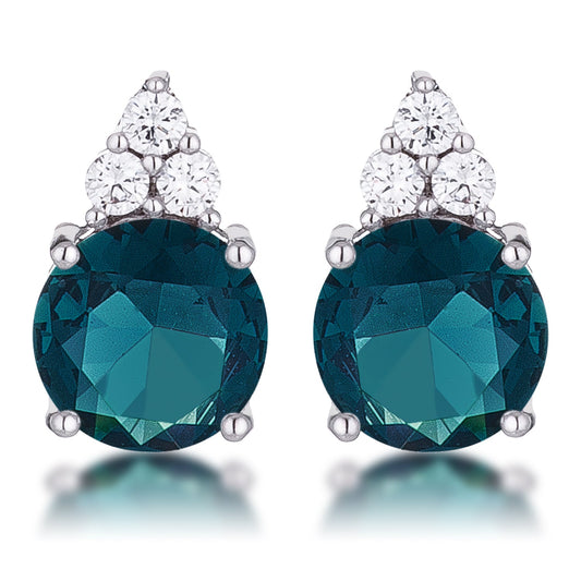 Simple Rhodium Plated 9mm Blue Green CZ Stud Earring